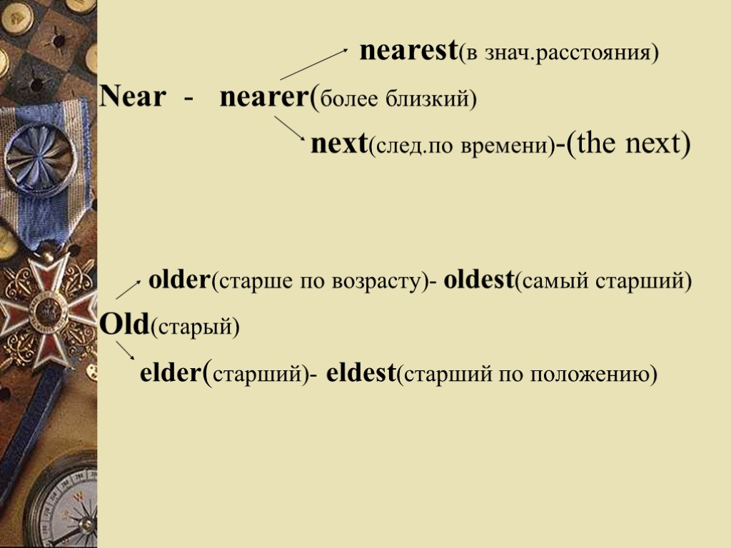 nearest(в знач.расстояния) Near - nearer(более близкий) next(след.по времени)-(the next) older(старше по возрасту)- oldest(самый старший)